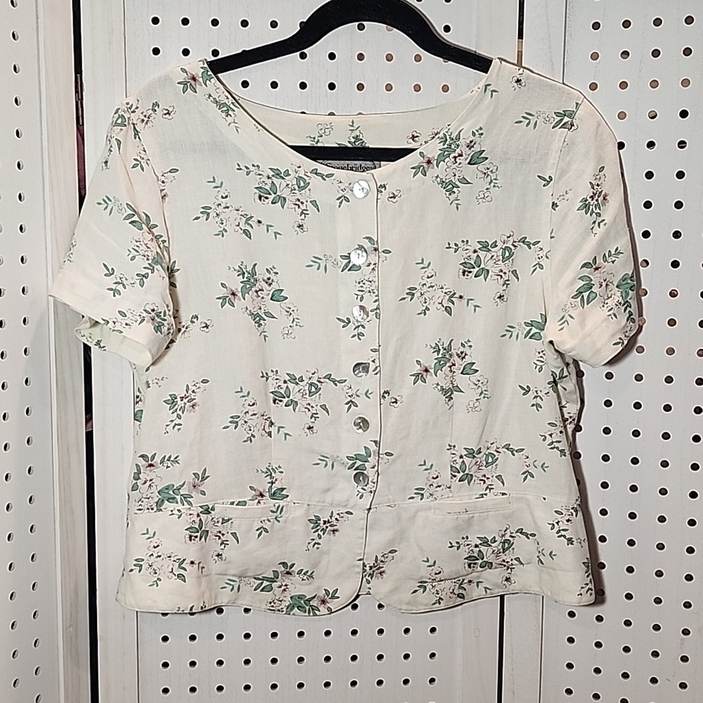 Stonebridge Size 10 100% Linen Off White Button Up Blouse Vintage